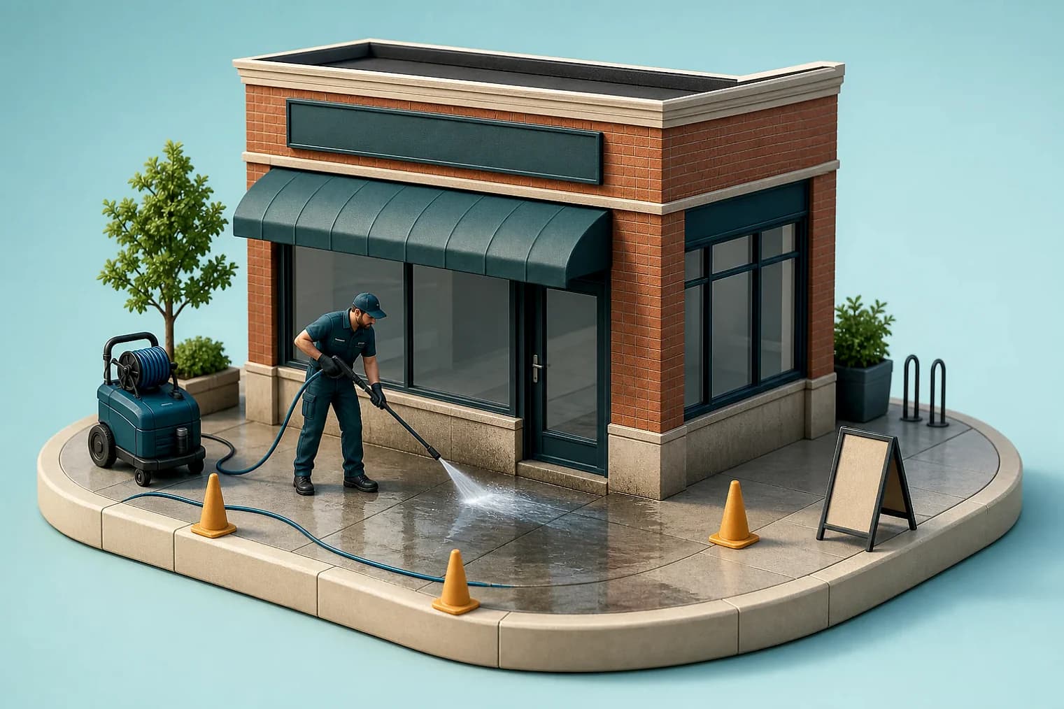 Miniature storefront exterior being cleaned before opening time