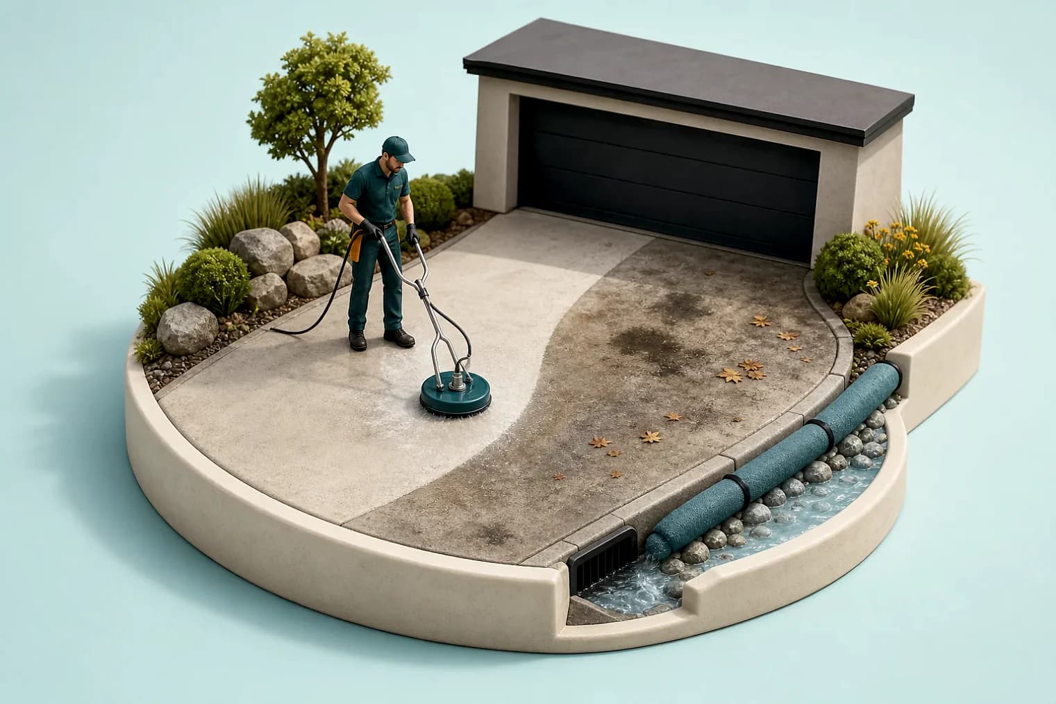 Miniature surface cleaner revealing a curved clean path across concrete