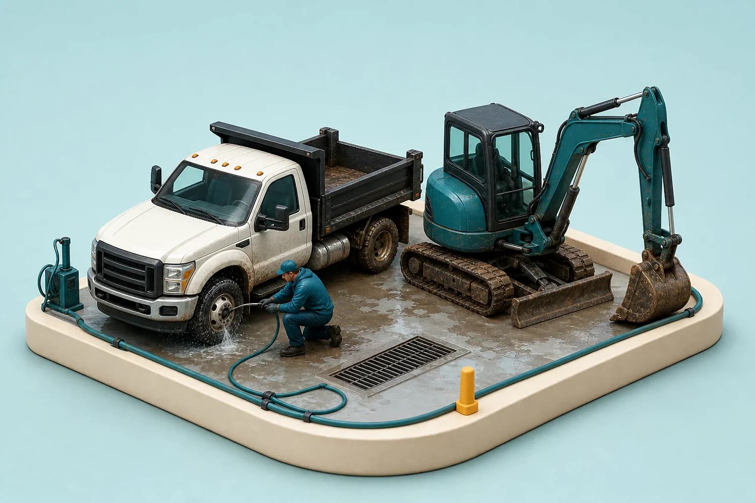 Miniature work truck and excavator being washed in a contained bay