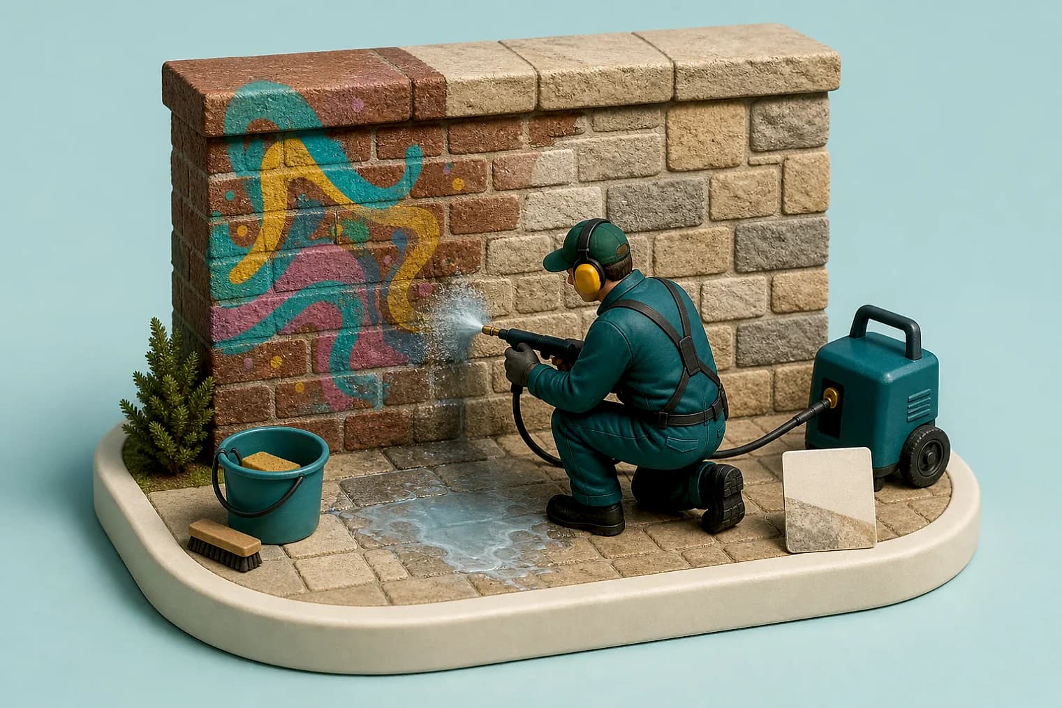 Miniature masonry test wall undergoing careful graffiti removal