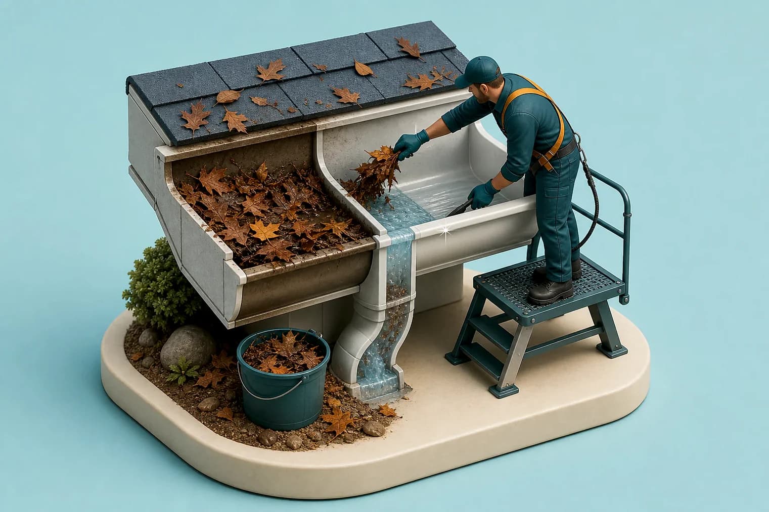 Miniature gutter cross-section being cleared and carefully brightened
