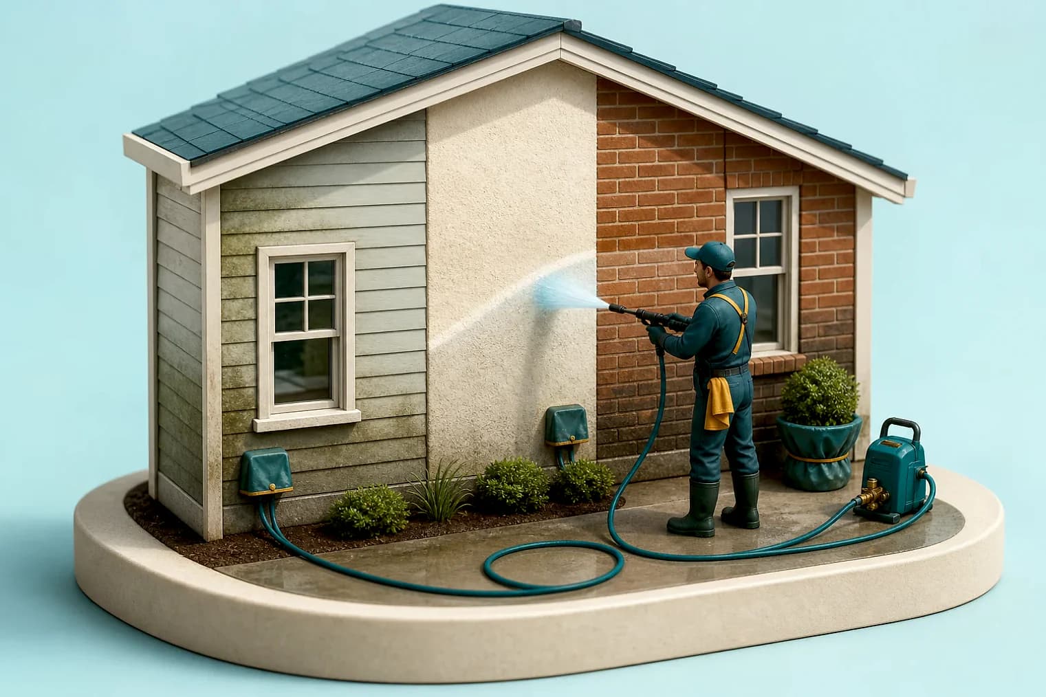 Miniature house facade being carefully soft washed beside a protected shrub