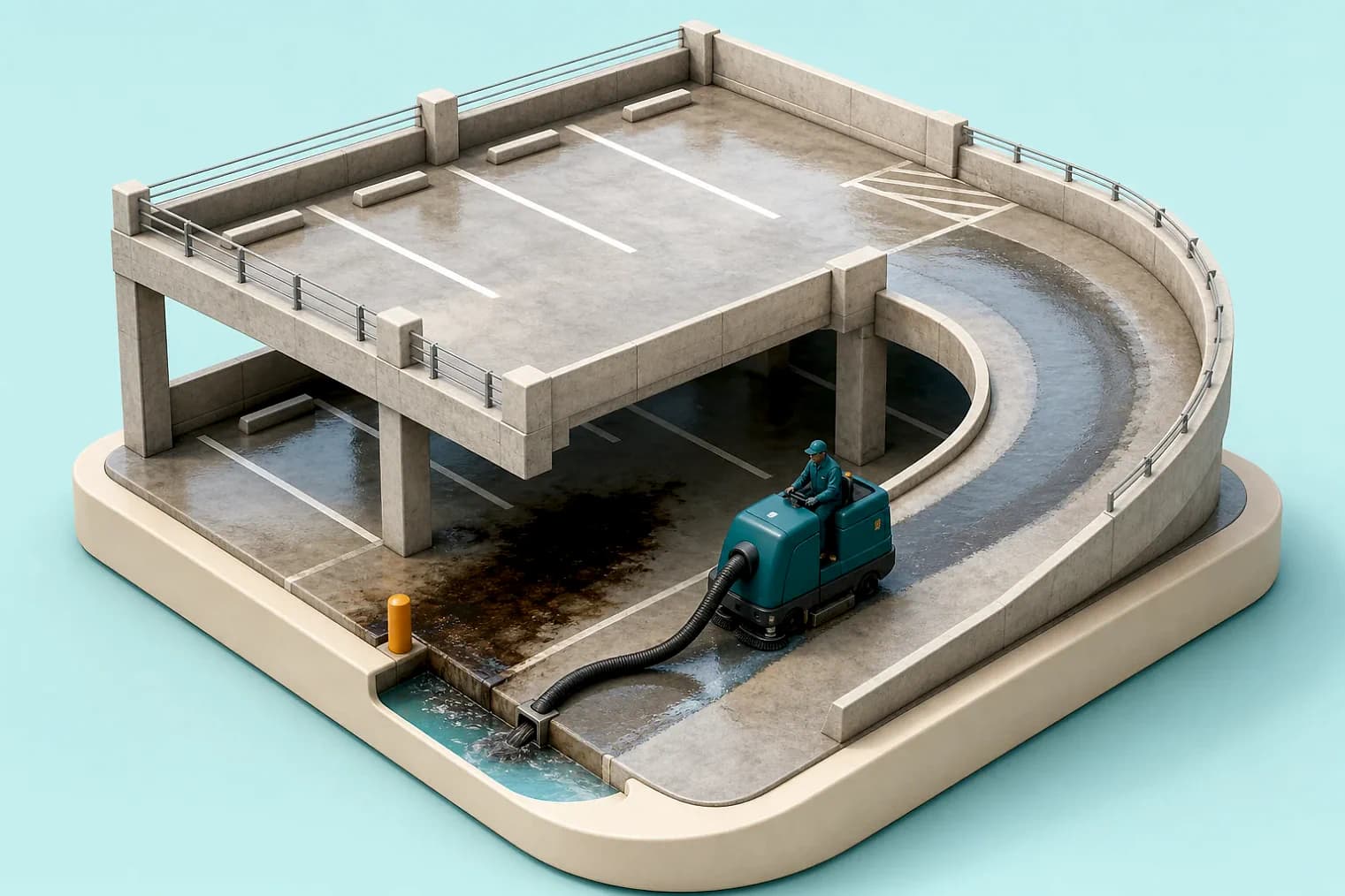 Miniature parking garage with a cleaning machine recovering dirty wash water