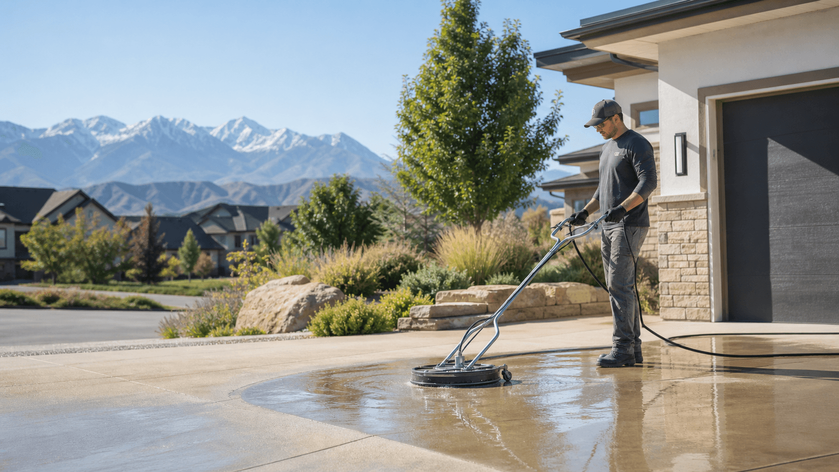 Exterior-cleaning technician using a surface cleaner on a Utah driveway with mountains beyond